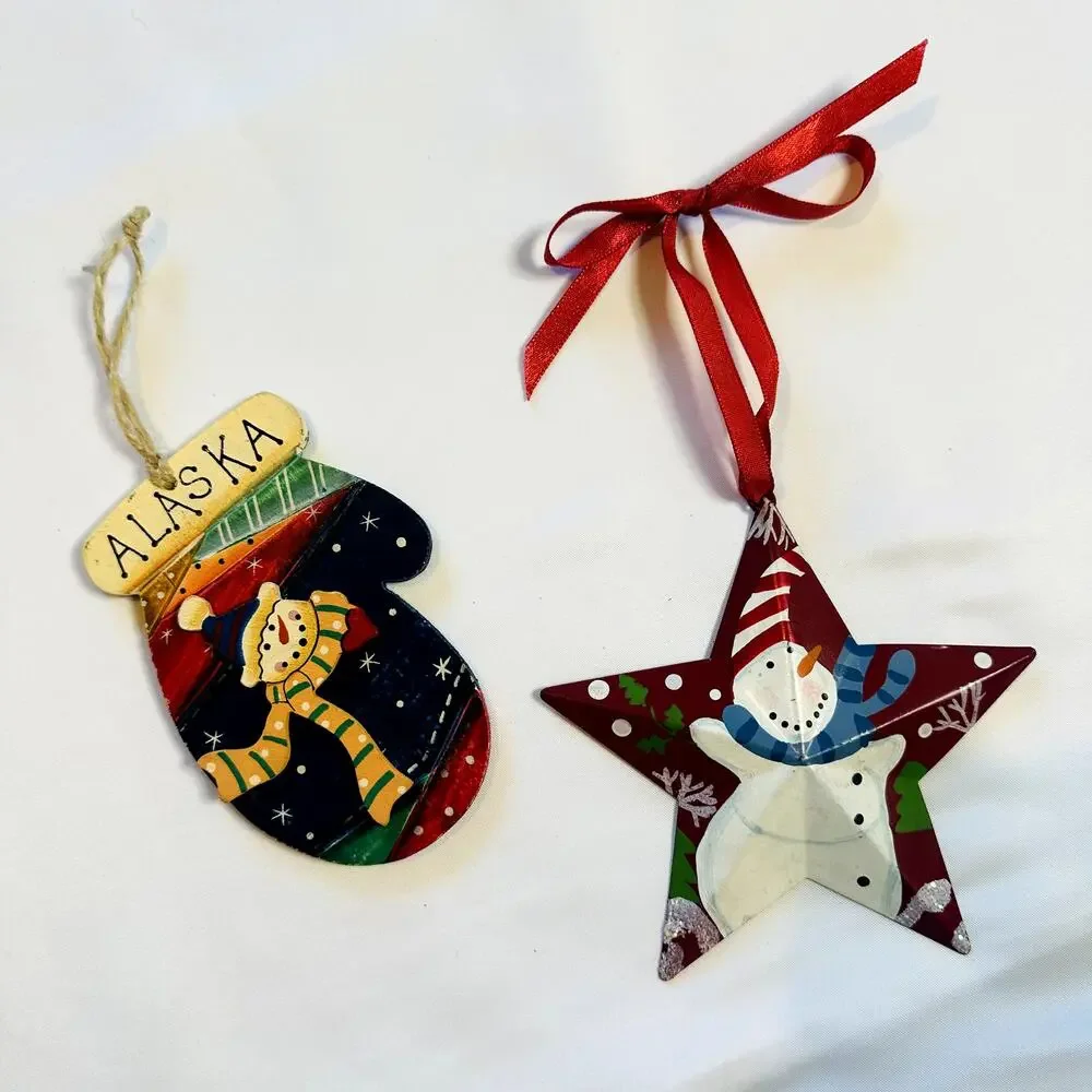 Primitive Christmas Bundle Of 2 Snowman Alaska Tree Ornaments